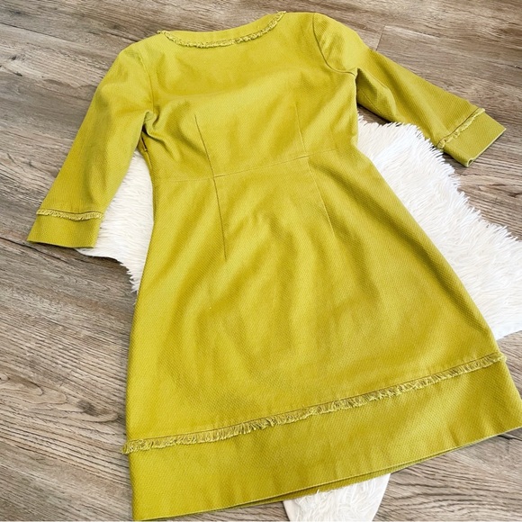 Boden Chartreuse Textured Shift Dress 3/4 Sleeve Fringe Kate Middleton British - Picture 7 of 8